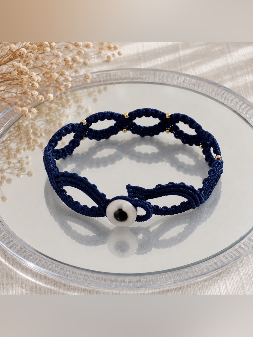 Handmade Navy Blue Macrame Bracelet with Gold Beads – Lucky Friendship Jewelry